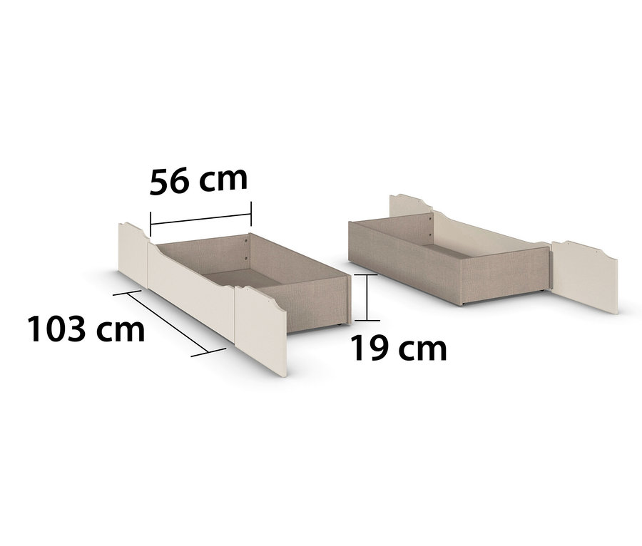 Zwei beige Bettschubladen »Holga« von Rauch, mit den Maßen 56 cm, 103 cm und 19 cm.