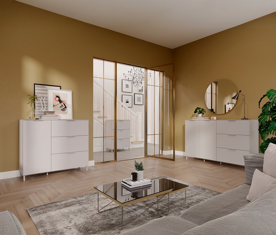 Wohnzimmer mit Kommode »Savoca« in Kaschmir/Eiche links und Sideboard »Savoca« in Kaschmir/Eiche rechts.