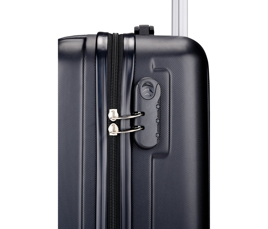 Nahaufnahme eines dunkelblauen Koffers mit Zahlenschloss und silberfarbenen Reißverschluss-Zippern.