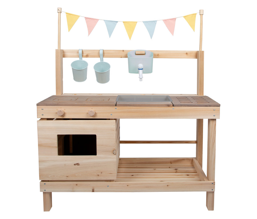 Die small foot Matschküche und Kaufladen aus Holz mit Spüle, Ofen und Hängevorrichtung für Zubehör.