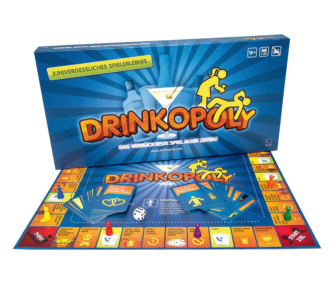 Das Spiel »Drinkopoly« ist auf dem Spielbrett mit Karten und Spielfiguren aufgebaut.