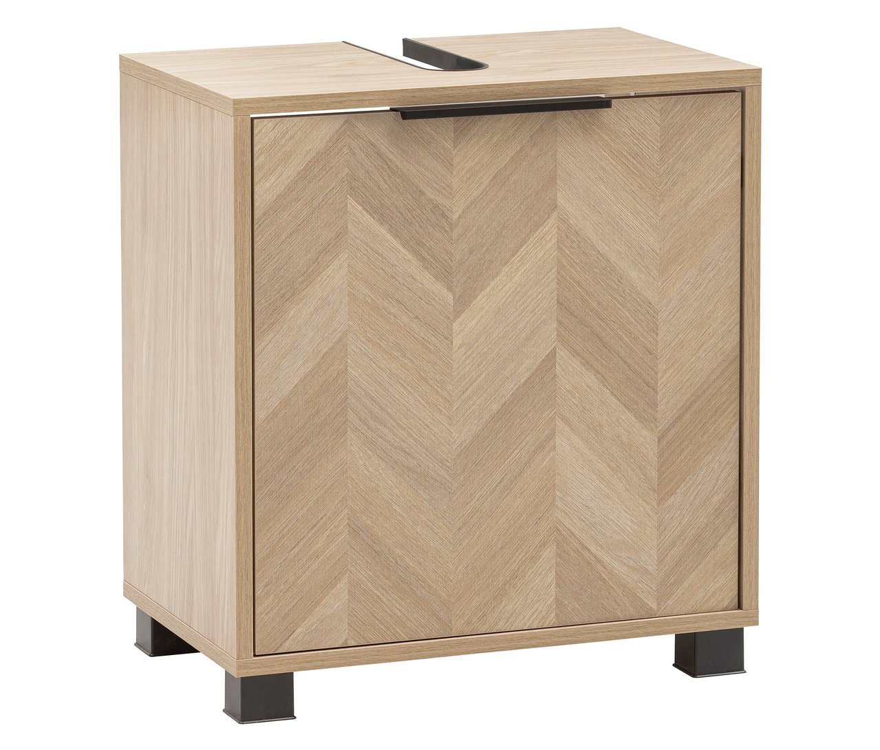 Ein Schildmeyer Waschbeckenunterschrank »500« in Eichenoptik steht vor einem weißen Hintergrund.