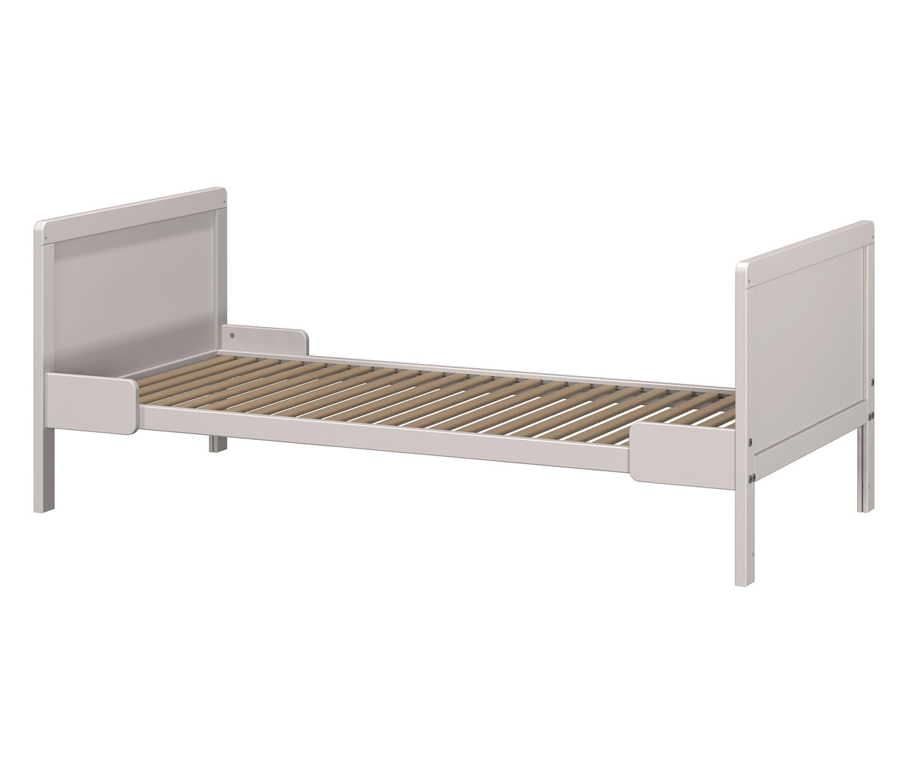 Ein graues Kinderbett mit Holzlattenrost ist auf weißem Hintergrund zu sehen.