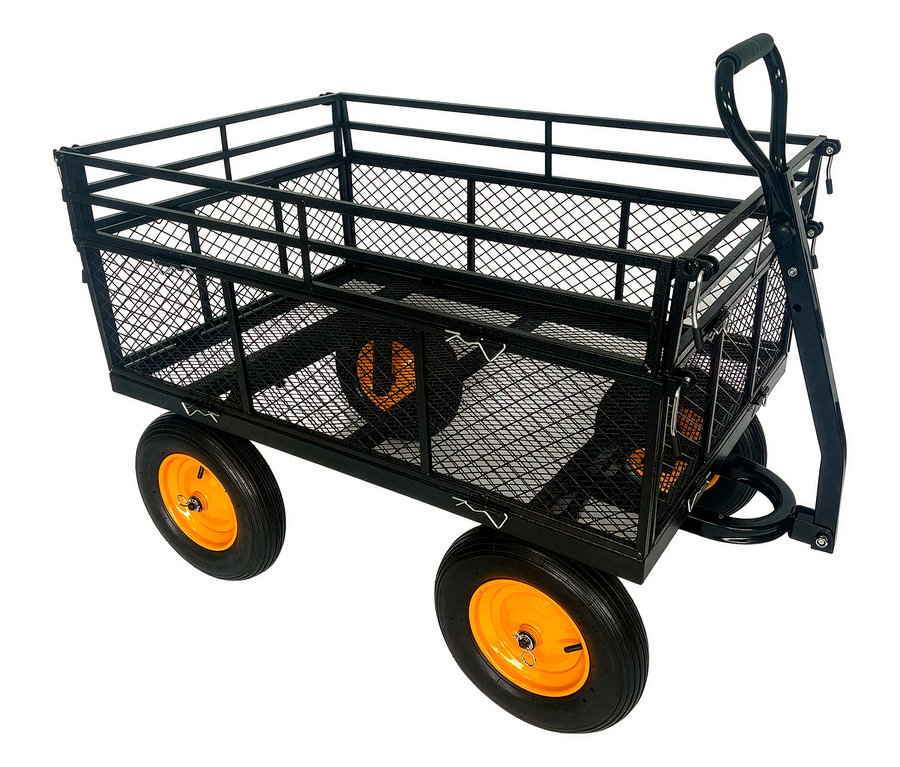 Schwarzer Bollerwagen mit orangen Rädern.