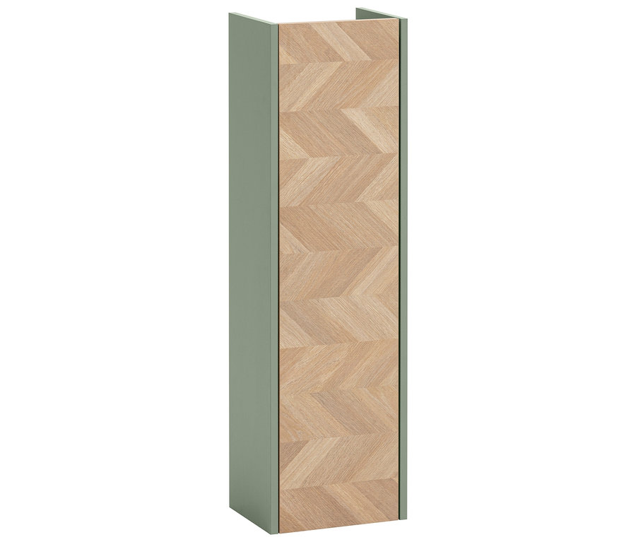 Ein schmaler, hochformatiger Schrank mit einem hellen Holzmuster auf der Tür und einem grünen Rahmen.