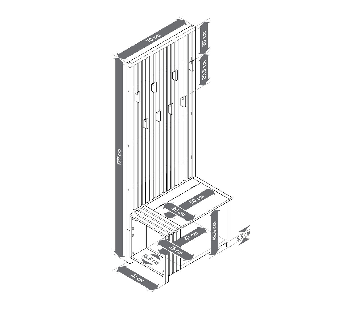 Abbildung einer Garderobe mit Sitzbank in Lamellenoptik und Größenangaben.