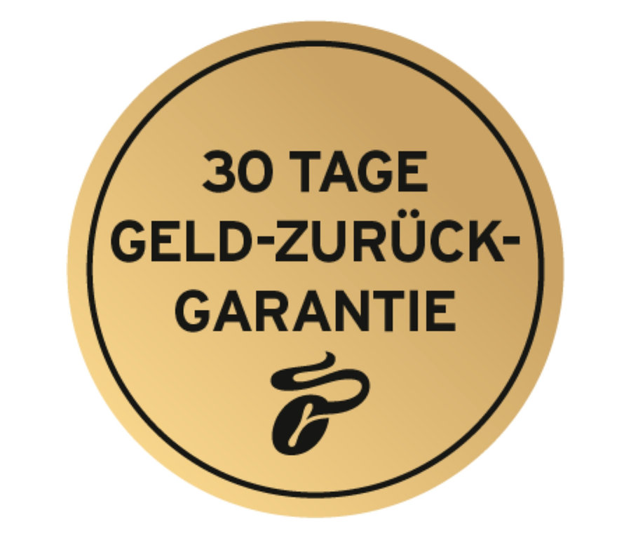 Goldener Kreis mit der Aufschrift „30 Tage Geld-zurück-Garantie“ und einem Kaffeesymbol.