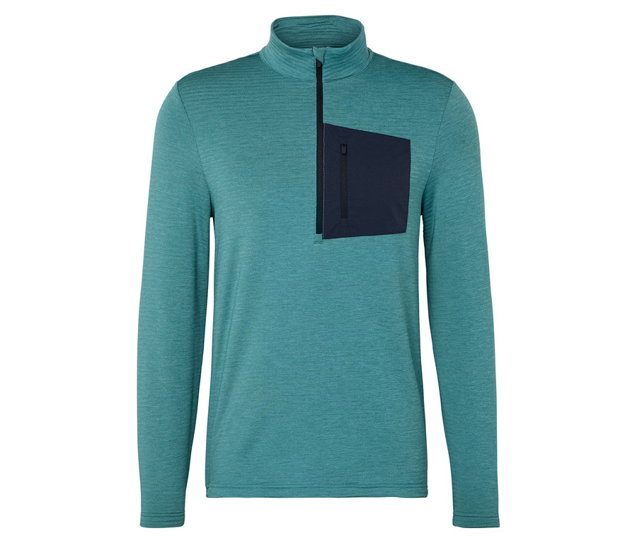 Türkis meliertes, langärmeliges Oberteil mit kurzem Reißverschluss und dunkelblauer Tasche auf der linken Brust.