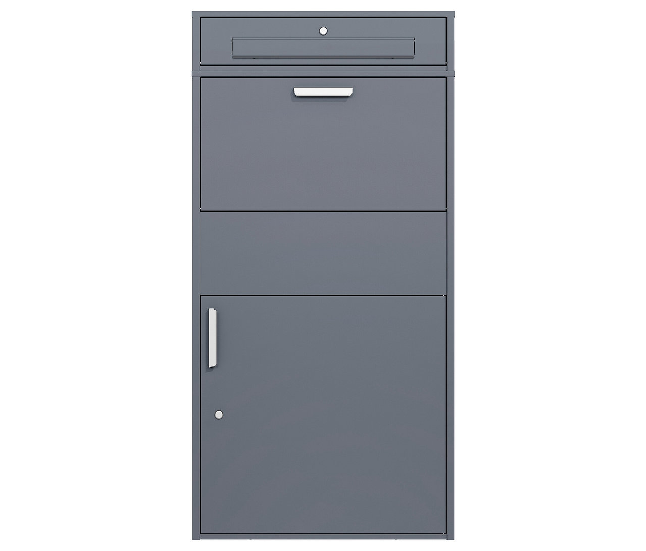 Graue Paketbox XXL mit drei Fächern vor weißem Hintergrund.