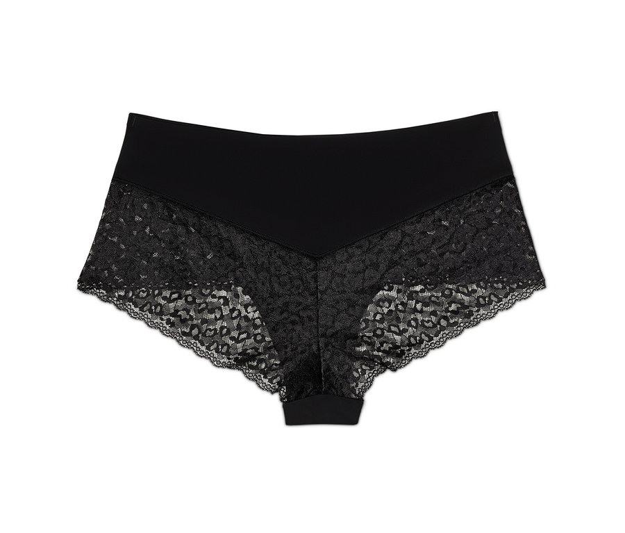 Schwarze Spitzen-Panty auf weißem Hintergrund.