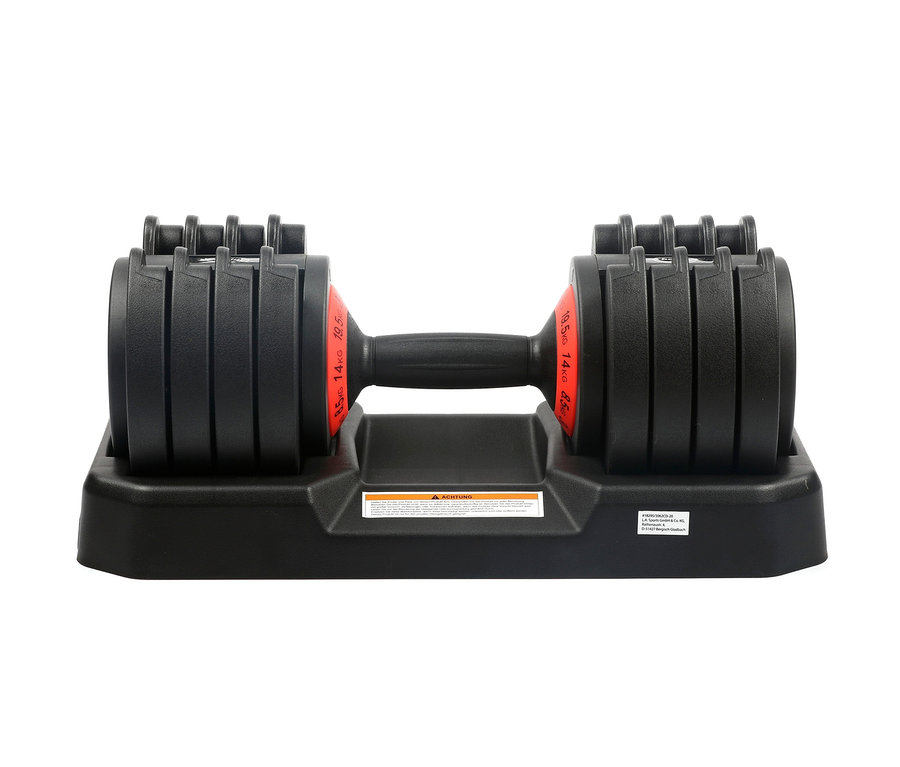 Schwarze Body Coach verstellbare Kurzhantel, 3 – 25 kg, auf einer schwarzen Basis.