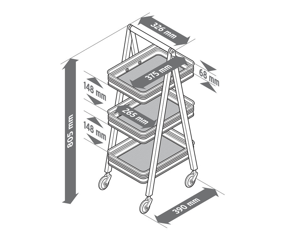 Abbildung eines Rollwagens mit drei Ablagen und Größenangaben.