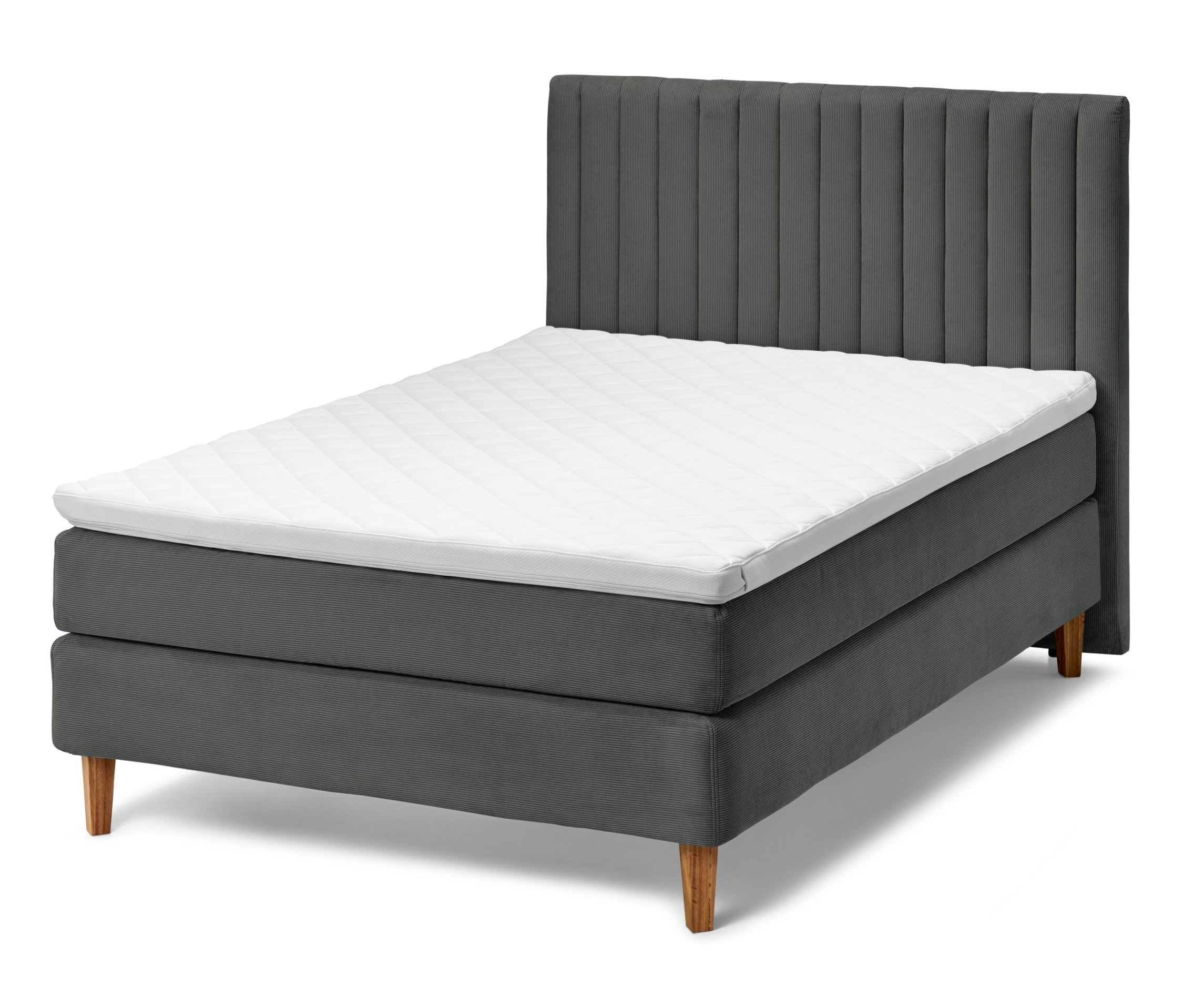 Anthrazitfarbenes Boxspringbett mit Kopfteil und weißem Topper.