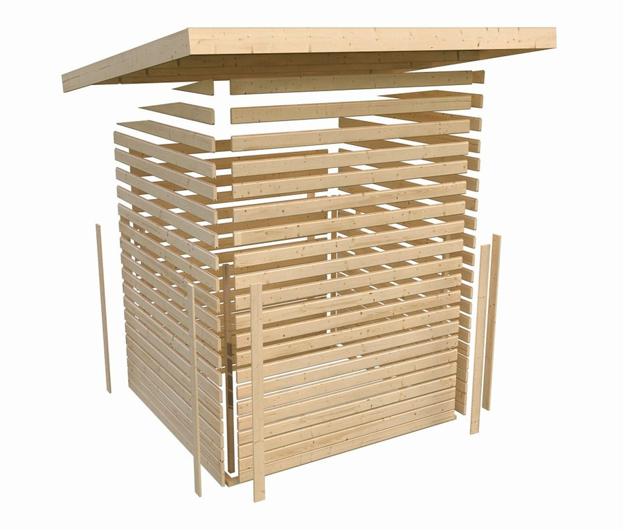 Aufgebautes Karibu Gartenhaus mit 3,20 m Anbaudach, 28 mm (Neeltje) auf weißem Hintergrund.