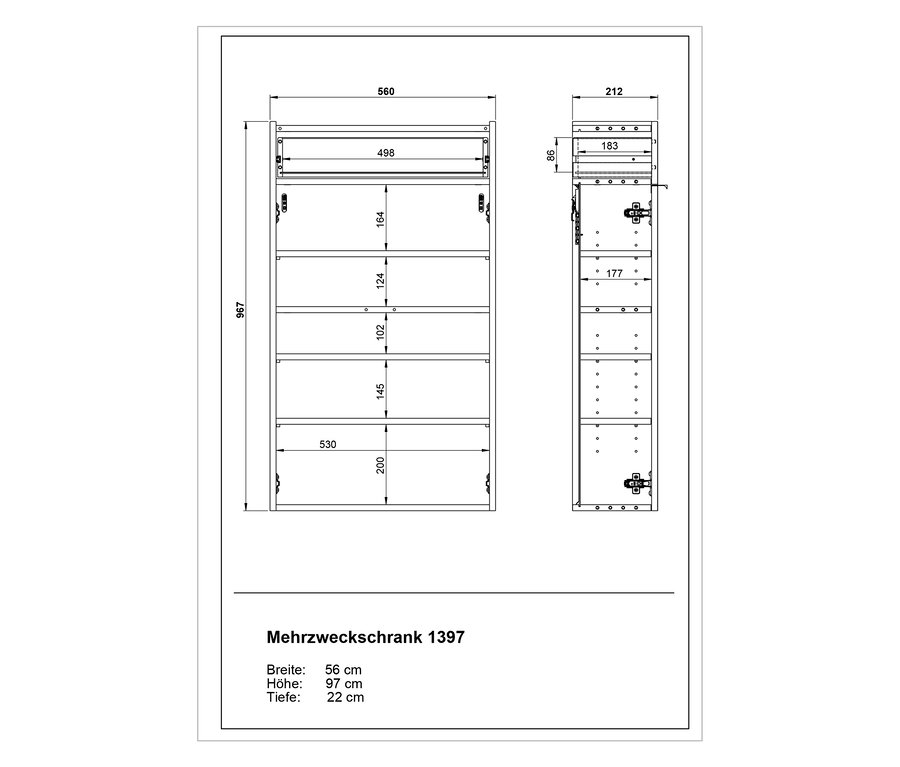 Abbildung eines graphitfarbenen Mehrzweckschranks »Ameca« mit Maßangaben.