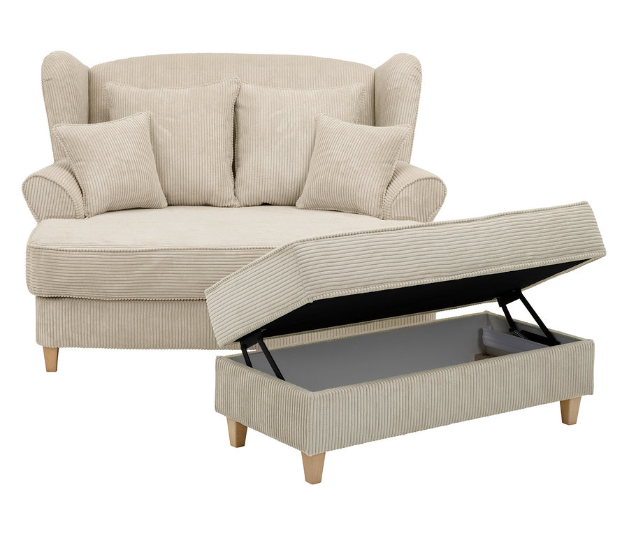 Beige Cord-Sitzgruppe mit XXL-Ohrensessel "Harvard" und aufklappbarer Hockerbank mit Stauraum.