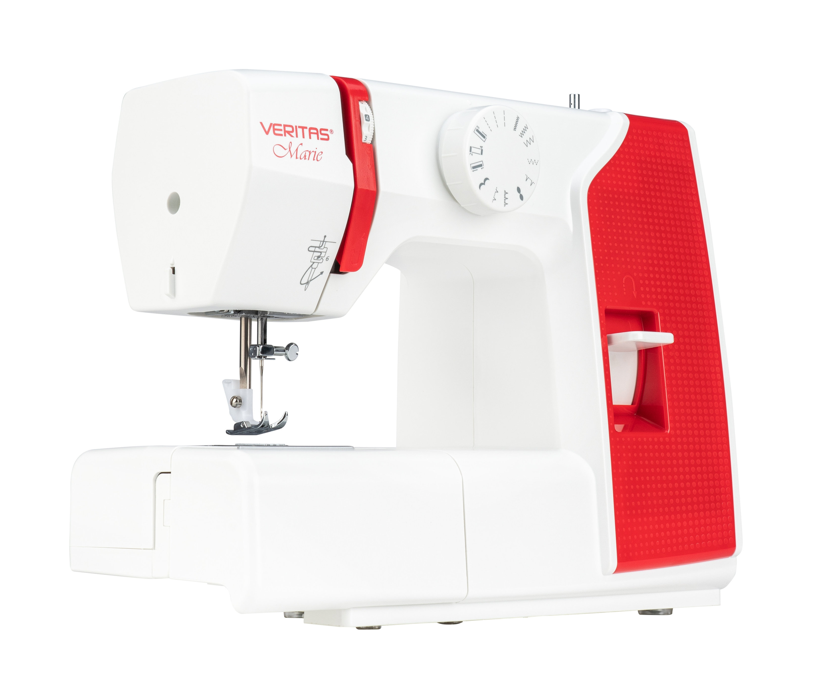 Detailansicht der weißen Nähmaschine »MARIE« mit roten Akzenten.