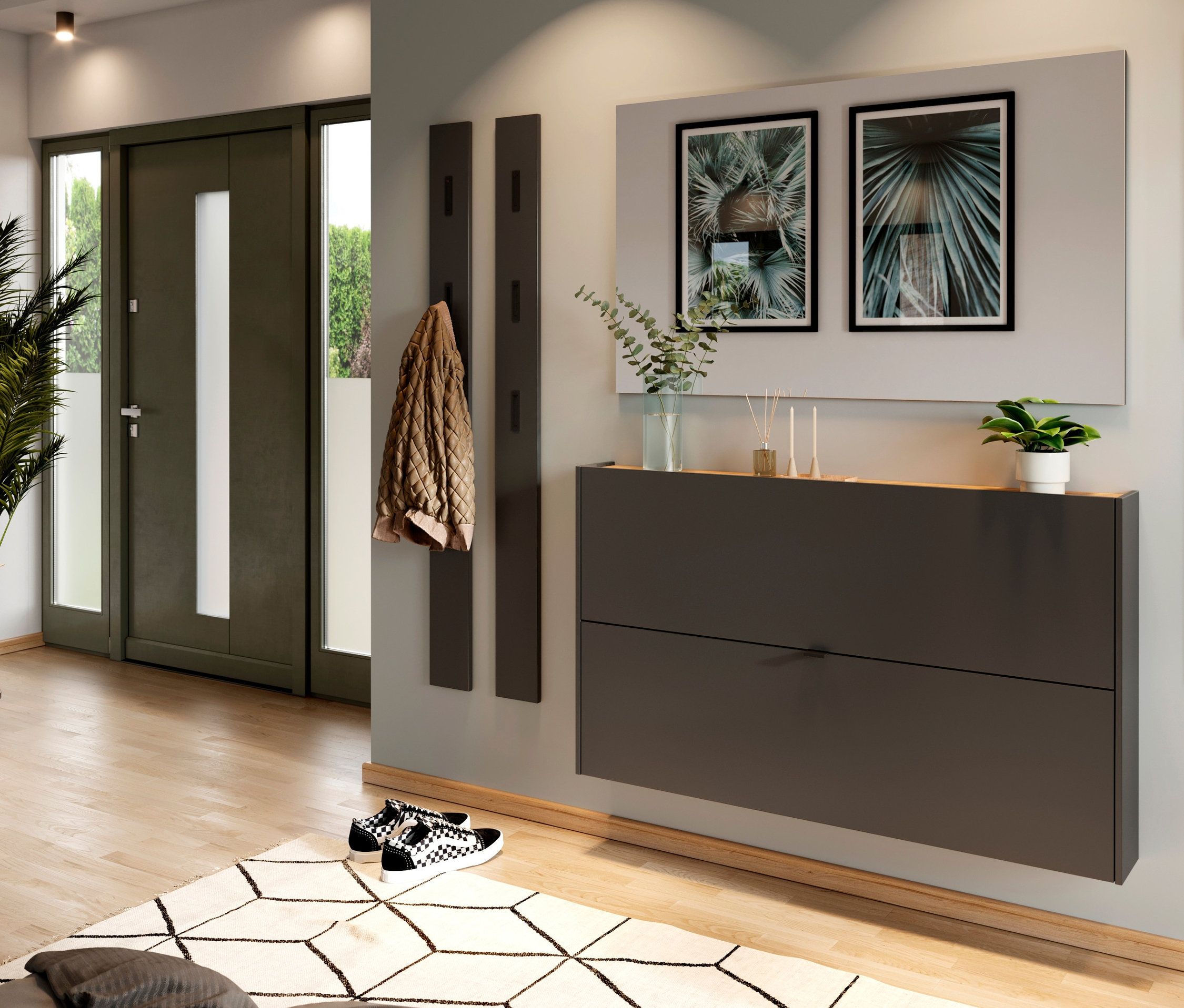 Eingangsbereich mit Schuhkipper »Aalborg«, graphit/eiche, Garderobe und Dekoration.