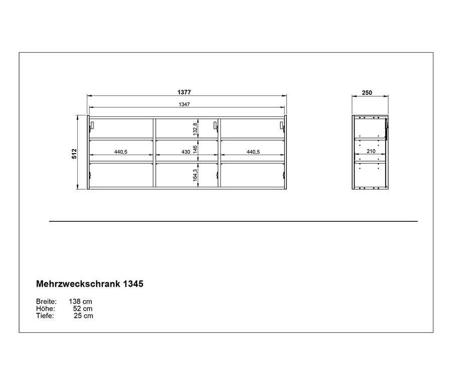 Abmessungen des Mehrzweckschranks "Libbiano" in Graphit und Weiss.