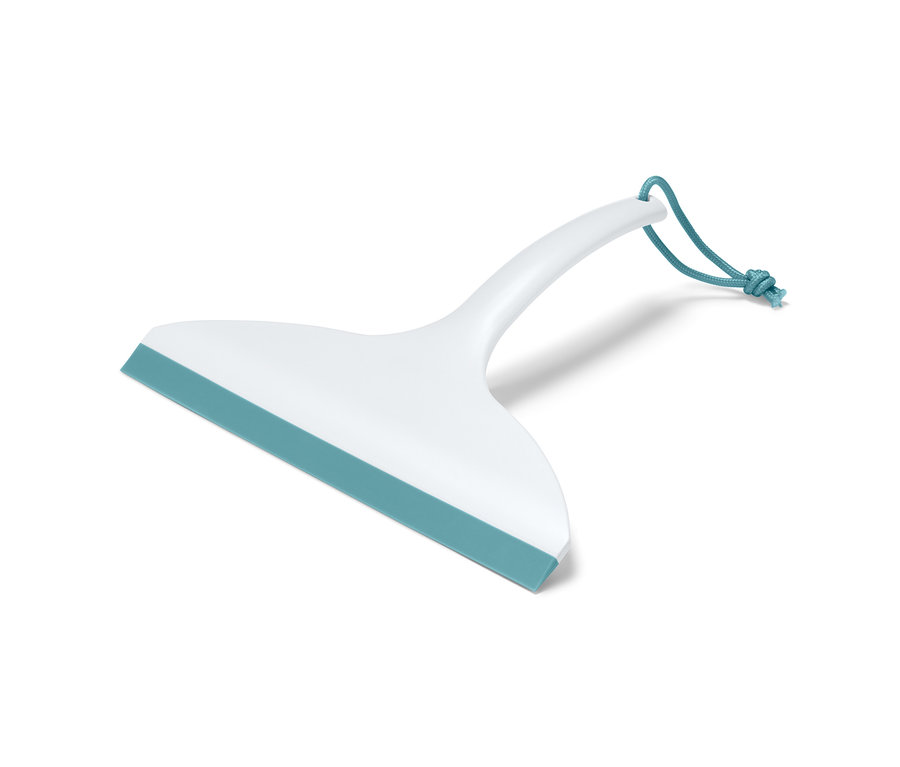 Weißer Badwischer mit blauem Gummiband und blauer Schnur.