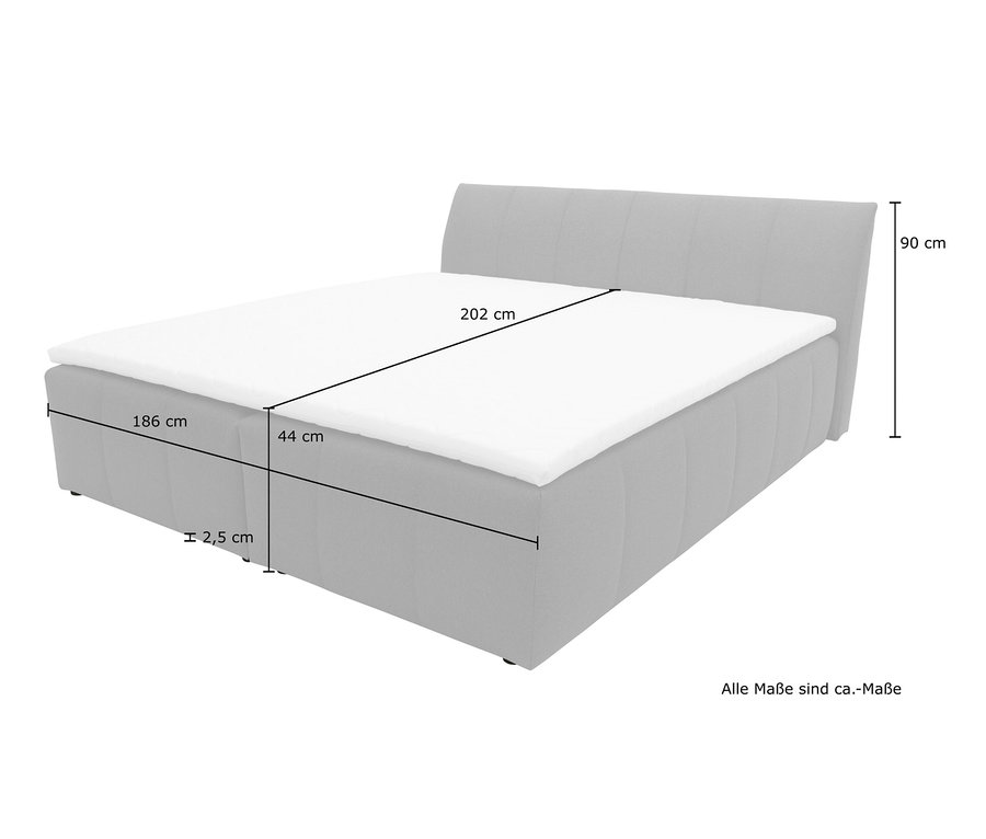 Abbildung eines DOMO collection Boxspringbettes 180 x 200 cm inklusive Topper mit den angegebenen Abmessungen.