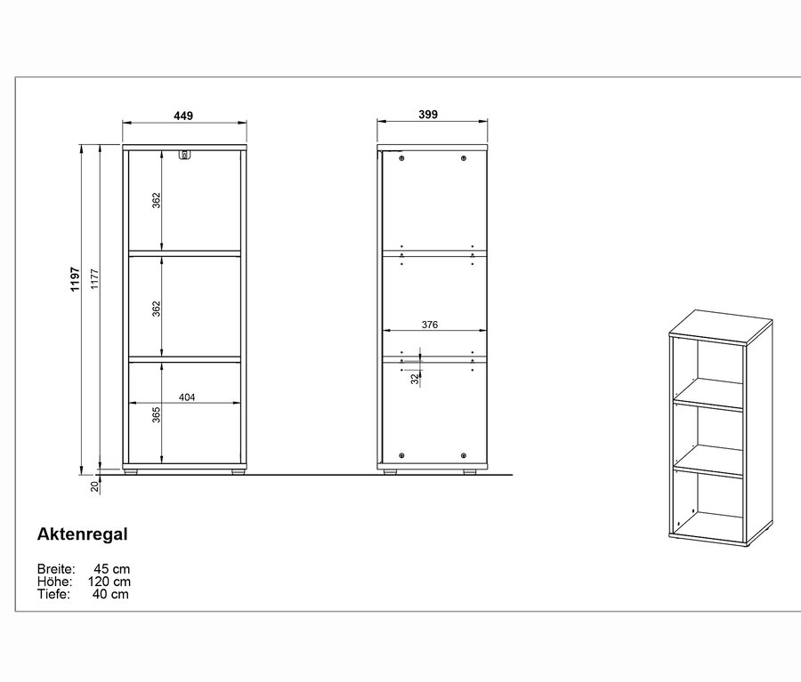 Schwarz-weiße Zeichnung von Aktenregal »Lissabon« mit drei Regalböden und Abmessungen.