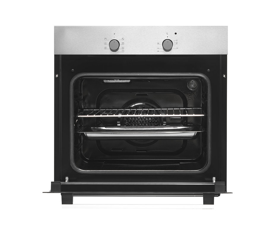 Geöffneter silberner Respekta Einbaubackofen AB 120-33 mit Gitter und Backblech im Inneren.
