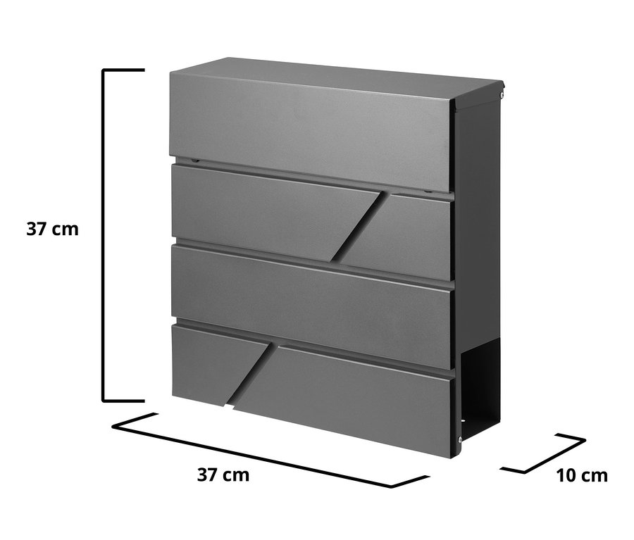 Anthrazitfarbener Briefkasten mit Zeitungsfach und ausgewiesenen Abmessungen.