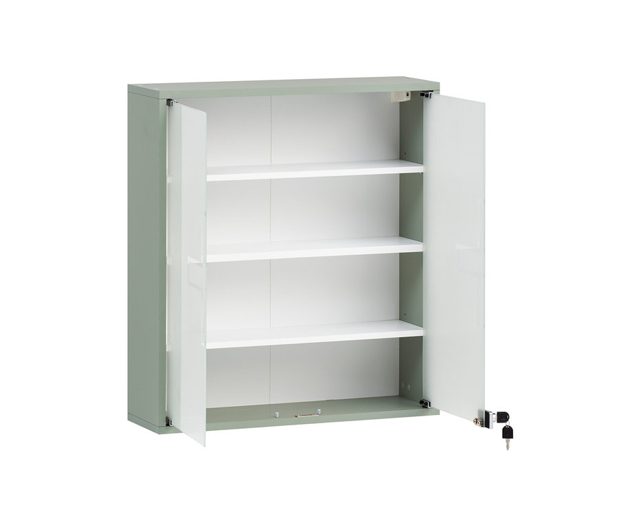 Ein offener, pistazienfarbener Medizinschrank »Bjarne« mit drei weißen Regalböden.