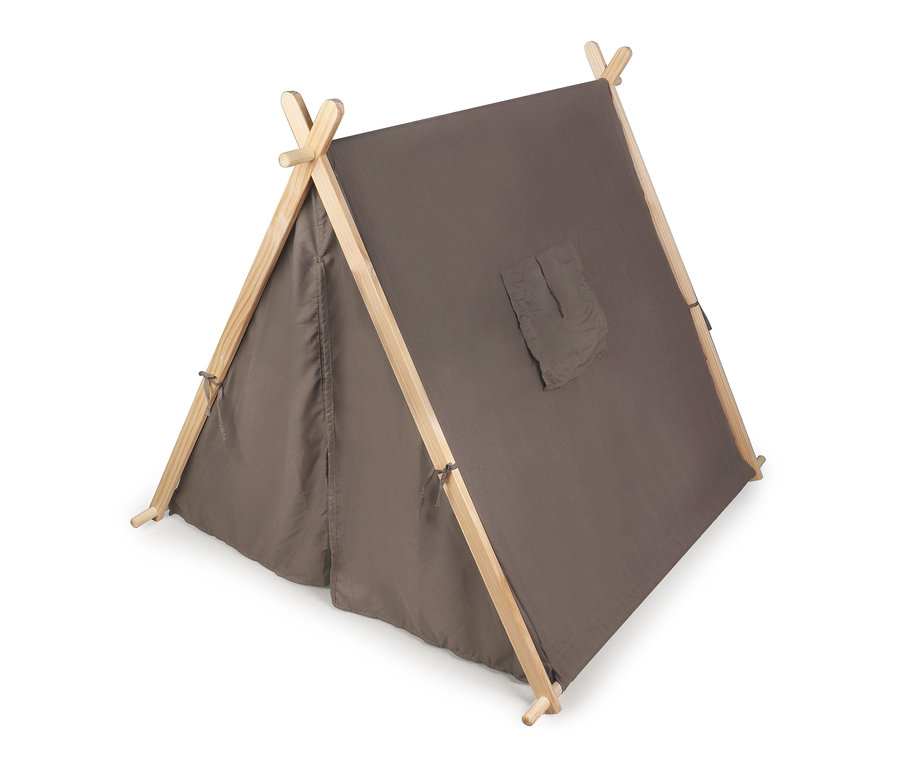 Ein graubraunes small foot Spielzelt mit Holzrahmen.