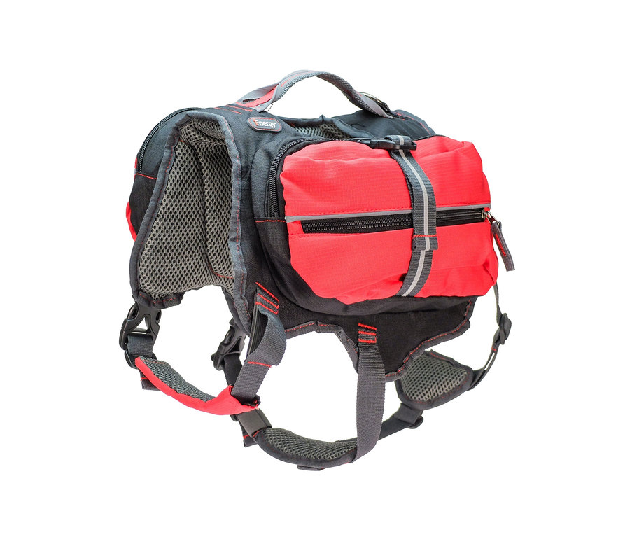 Nahaufnahme eines Hunderucksack-Hundebuggys in verschiedenen Größen (S, M, L) vor einem weißen Hintergrund.