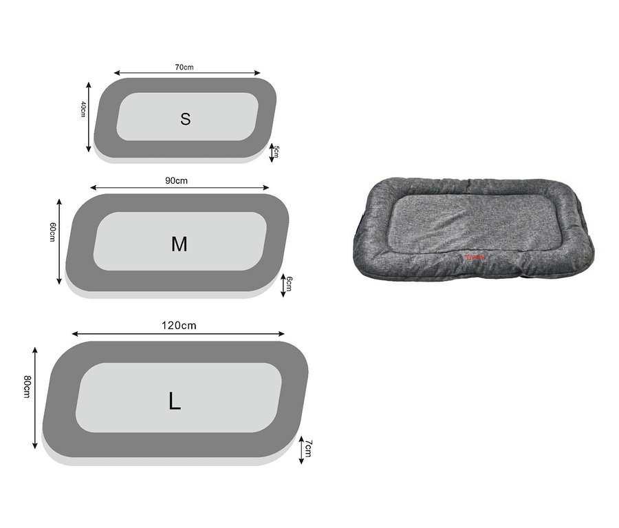 Abmessungen von drei Outdoor-Hundebetten: S (70 x 40 cm), M (90 x 60 cm) und L (120 x 80 cm).