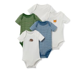 1x weiß mit Igel-Print, 1x weiß mit Fuchs-Print, 1x weiß, 1x blau gestreift, 1x grün gestreift