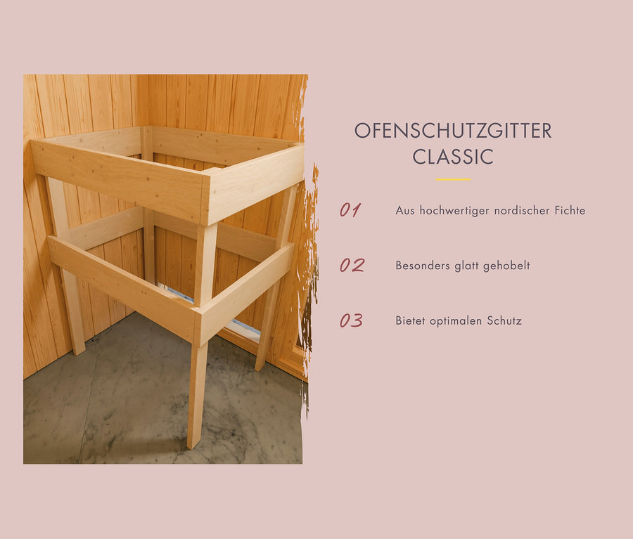 Holzkonstruktion mit dem Text OFENSCHUTZGITTER CLASSIC.