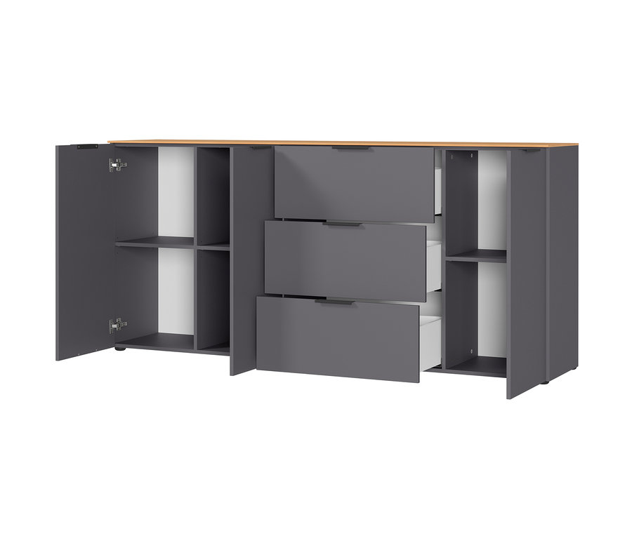 Ein großes, graphitfarbenes Sideboard »CALIFORNIA« mit offenen Türen und Schubladen.