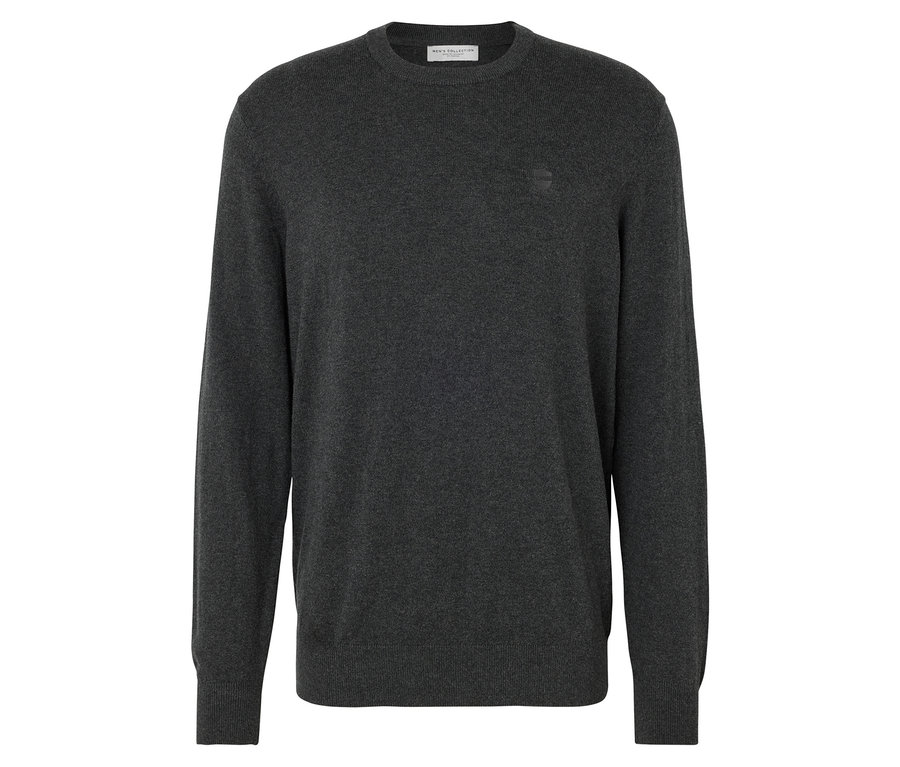 Dunkelgrauer Strickpullover mit langen Ärmeln und Rundhalsausschnitt.