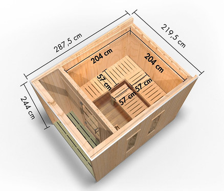 Draufsicht auf das Karibu Saunahaus »Gwen« klein, Classic mit Maßangaben.