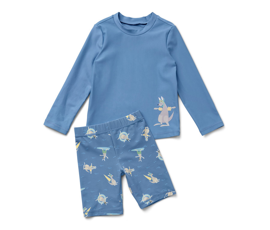 Blauer Kinder-Kombi mit UV-Schutzfaktor 80 und Känguru-Motiv.