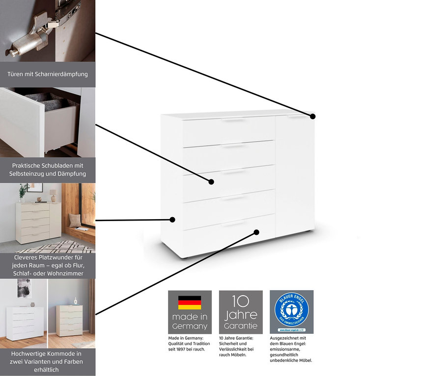 Detailaufnahmen einer weißen Kommode mit fünf Schubladen und einer Tür. Die Kommode verfügt über gedämpfte Scharniere und Schubladen mit Selbsteinzug und Dämpfung. Hergestellt in Deutschland mit 10 Jahren Garantie.