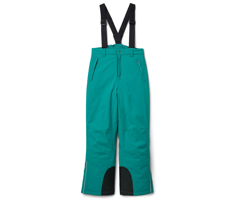 Grüne Skihose mit schwarzen Hosenträgern und schwarzen Verstärkungen an den Innenseiten der Beine.