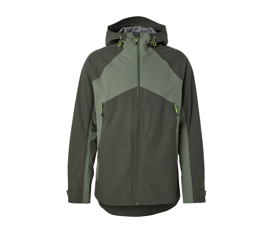 Grüne 3-Lagen-Outdoorjacke mit Reißverschluss und Kapuze.