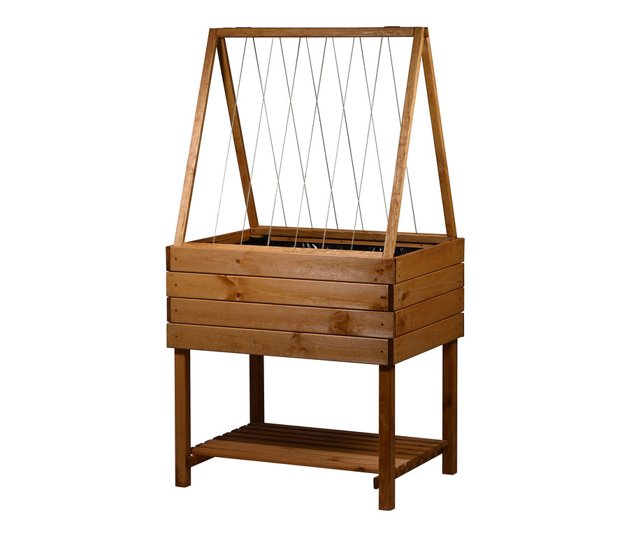 Ein braunes Hochbeet Kubus mit einem oberen Gitter.