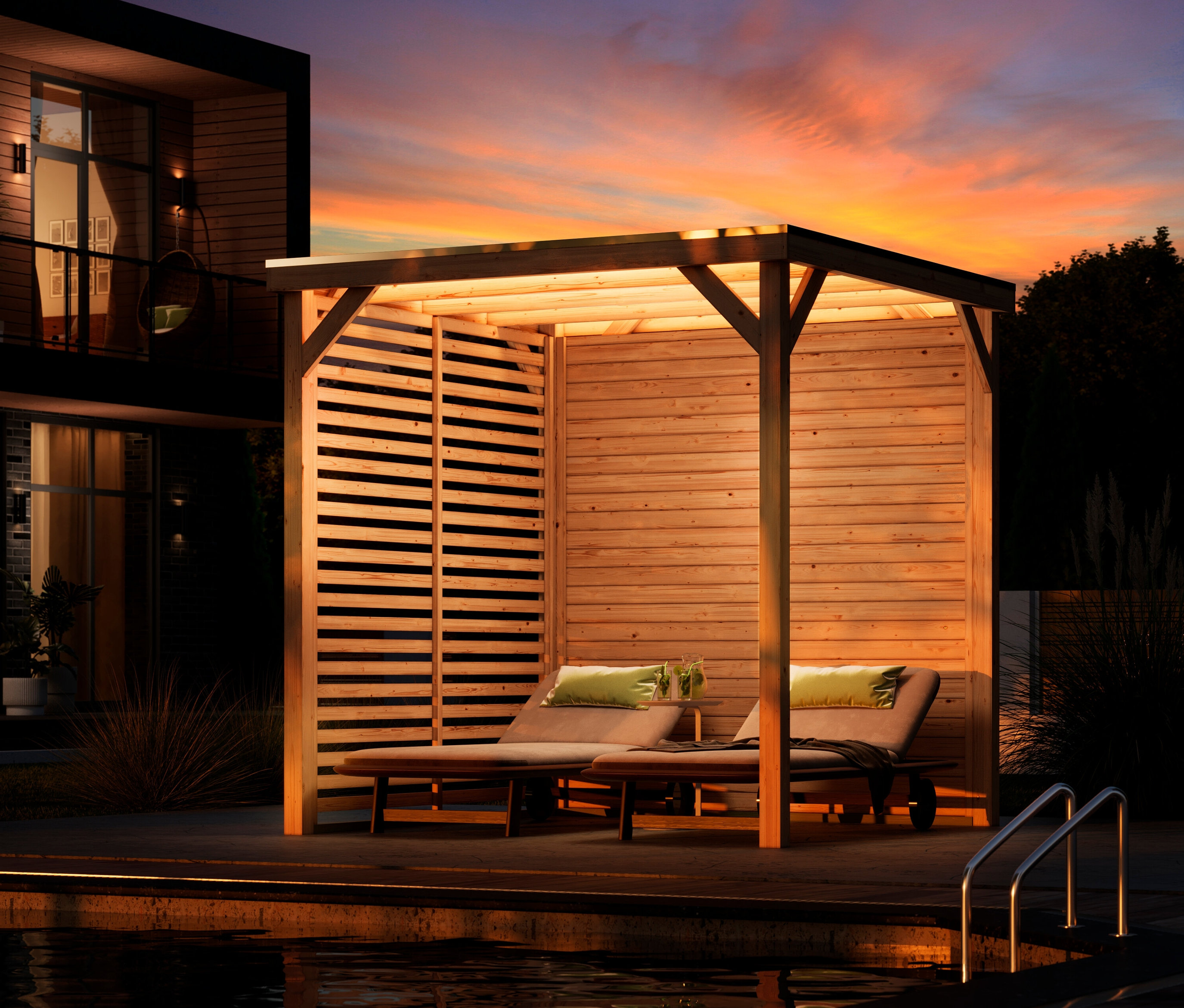 Zwei Liegen stehen unter einem Holzpavillon mit Karibu LED-Outdoor-Streifen, 5 m, neben einem Pool bei Dämmerung.
