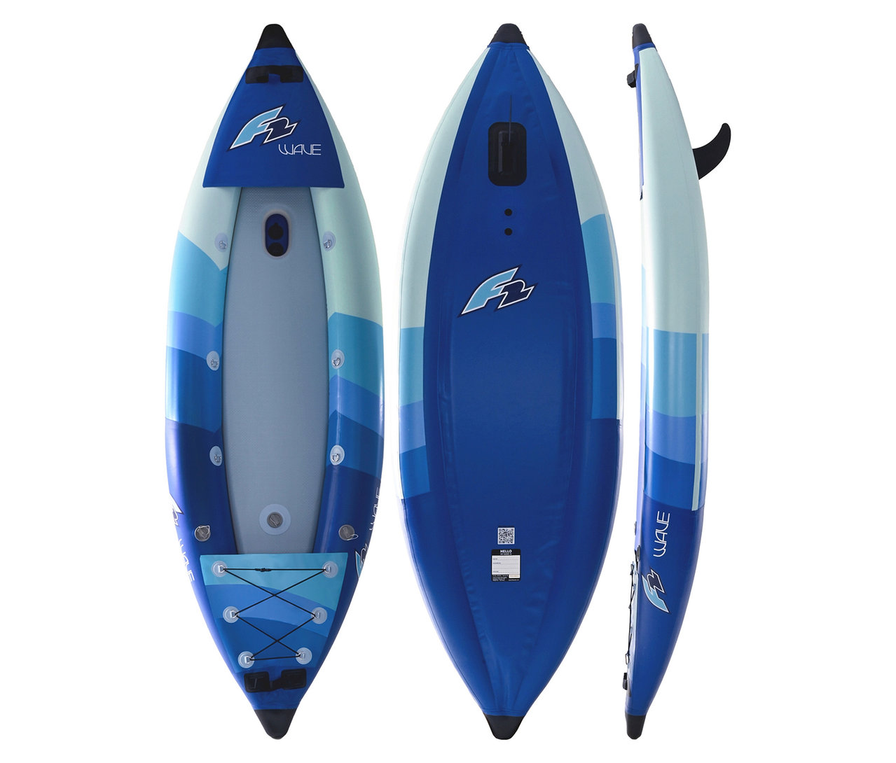 Drei Ansichten des aufblasbaren F2 »Wave« Kajaks für 1 Person in Blau und Weiß.