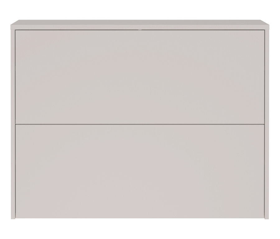 Nahaufnahme eines geschlossenen, zweistöckigen, hellgrauen Nachttisches.