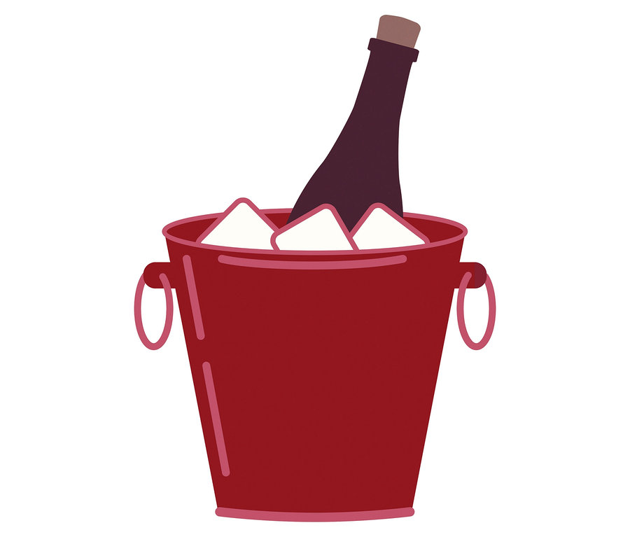 Eine Flasche im roten Eiseimer. Produkt: Spiel »Welt der Weine«.