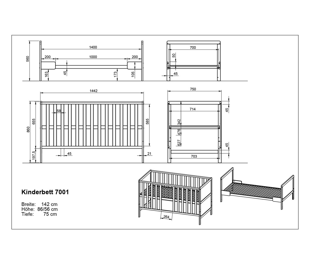 Technische Zeichnung eines Kinderbetts Modell 7001 mit Maßangaben in Zentimetern.