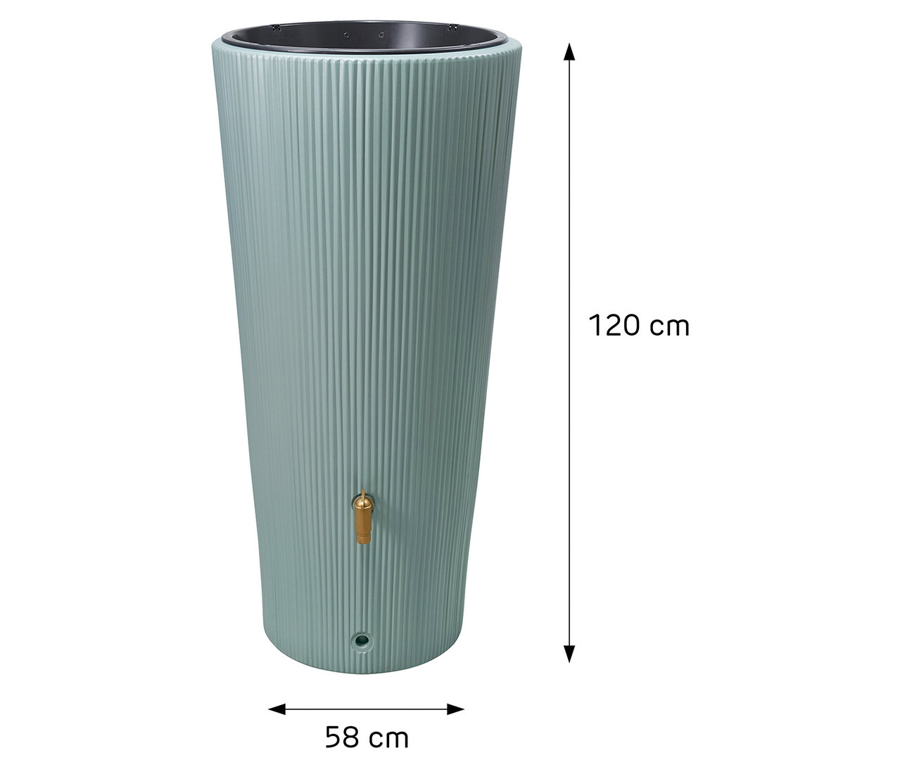 Abbildung einer hohen, schlanken, hellblaugrünen Regentonne mit vertikalen Rillen, einem goldenen Wasserhahn und Maßangaben: 120 cm hoch, 58 cm breit.