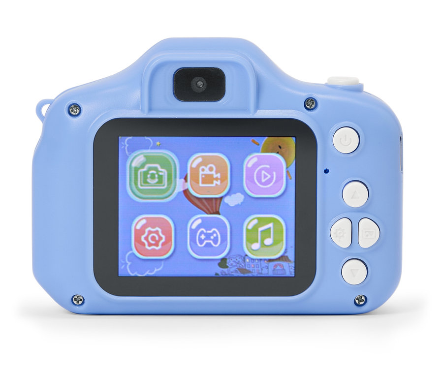 Nahaufnahme einer hellblauen Spielzeugkamera mit einem Bildschirm, der verschiedene App-Symbole anzeigt.