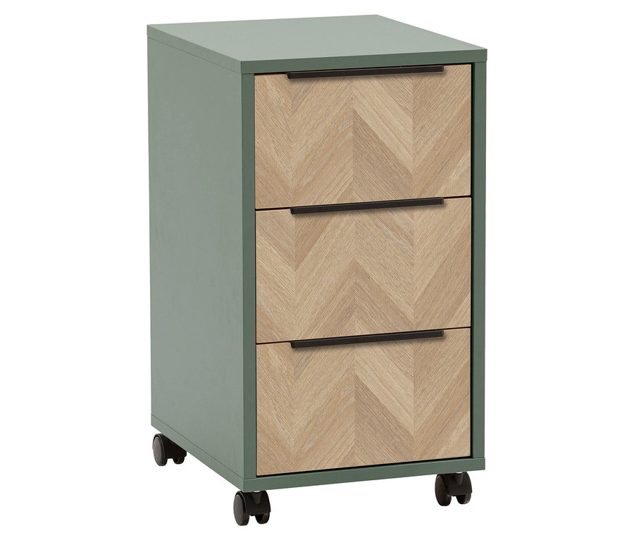 Grüner Rollcontainer mit drei Schubladen im Fischgrätmuster.